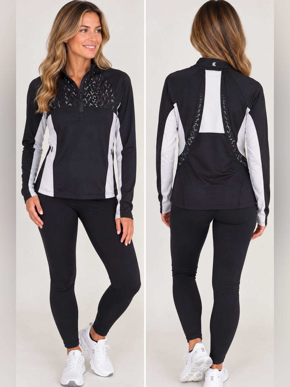 Kyodan Black & White Quarter-Zip Cycling Activewear Top Size Medium Long Sleeve
